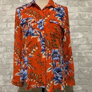 LOFT Button Up Down Floral Blouse Collared Shirt Work Top Orange Blue Hawaiian S